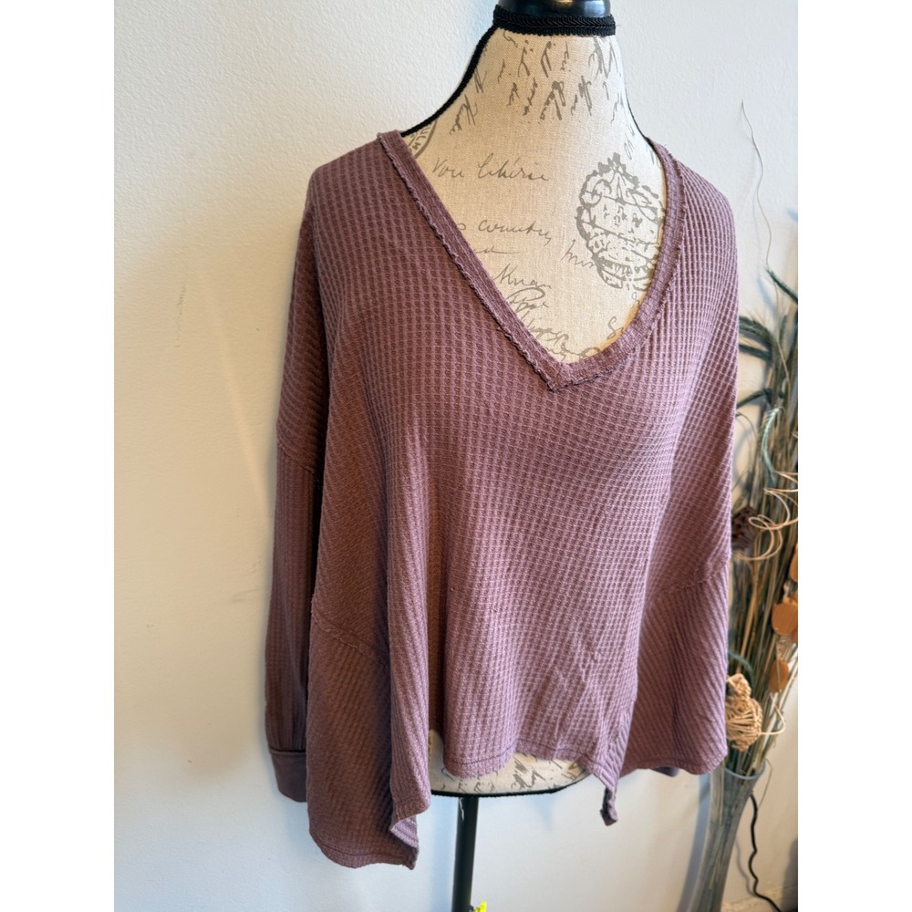 We‎ The Free Free People Women S Mauve Waffle Knit Oversized V-Neck Thermal Top